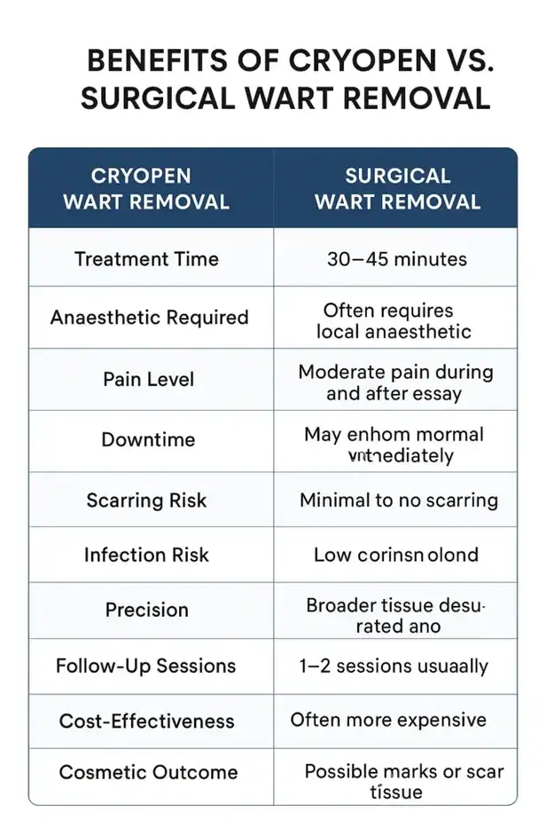 Table showing the benefits of cryopen to remove warts Staffordshire compared to surgical treatment